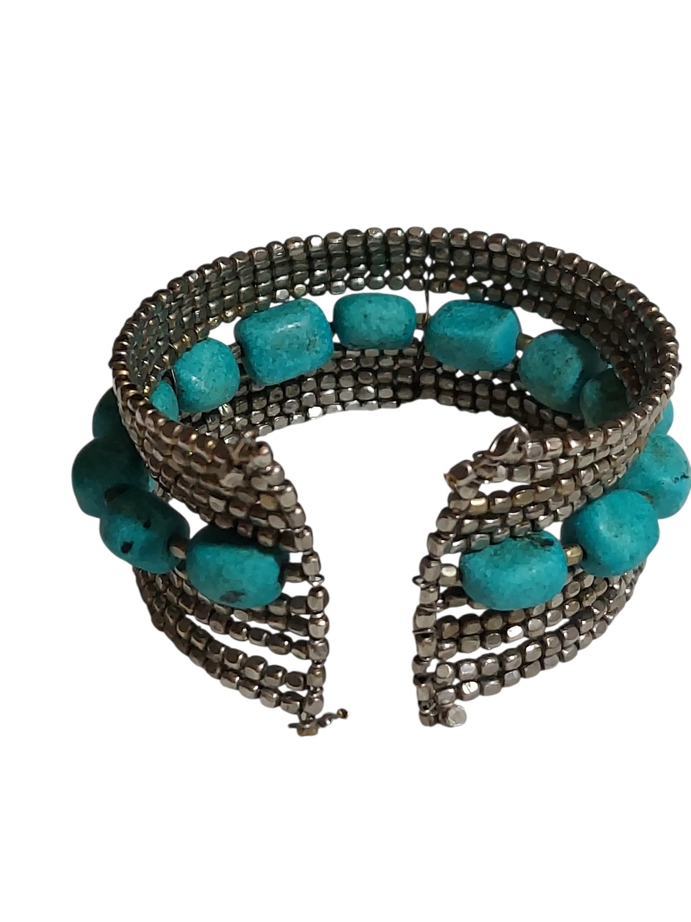Silver Tone Turquoise Beaded Cuff Bracelet Boho Western Southwestern Statement - Picture 4 of 6